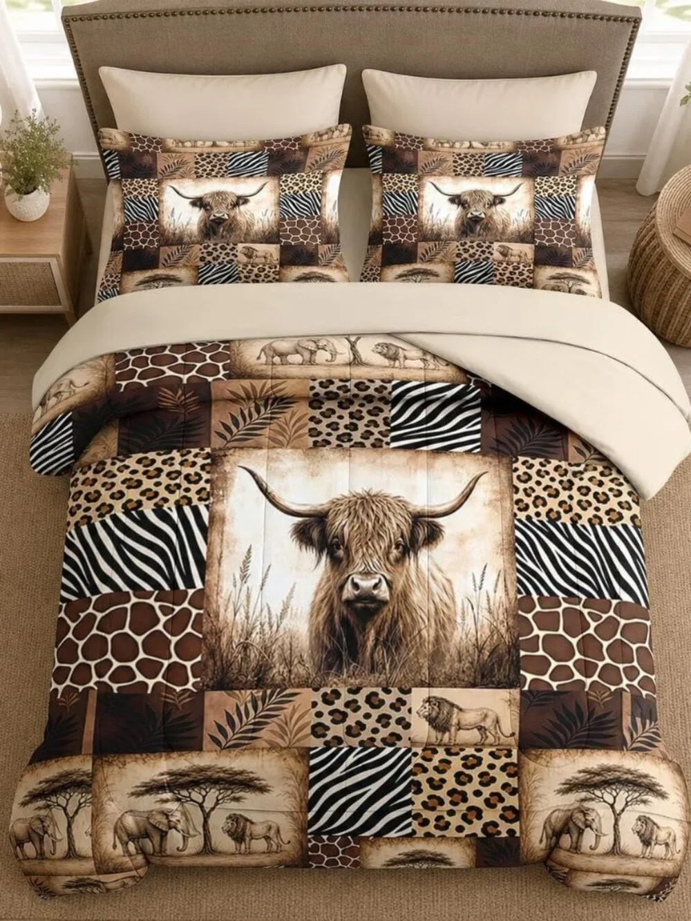 Full Size Comforter Set with 2 Pillowcases & 2 Shams, Highland Cow Leopard 7 Pcs